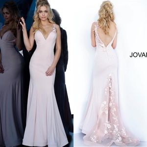 JOVANI 1074A BLUSH Plunge‎ V-Neck Open Back Embellished Applique Dress Gown 10